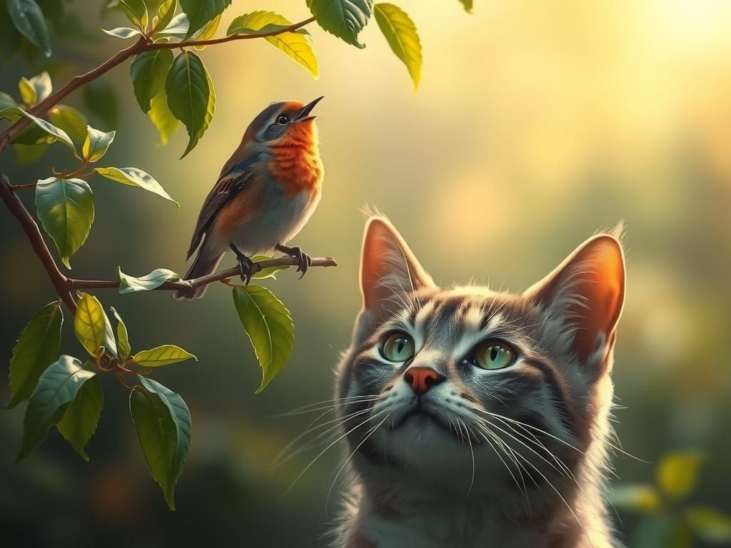 Bird Sings on Branch Above Sly Cat, Detailed Wildlife Art