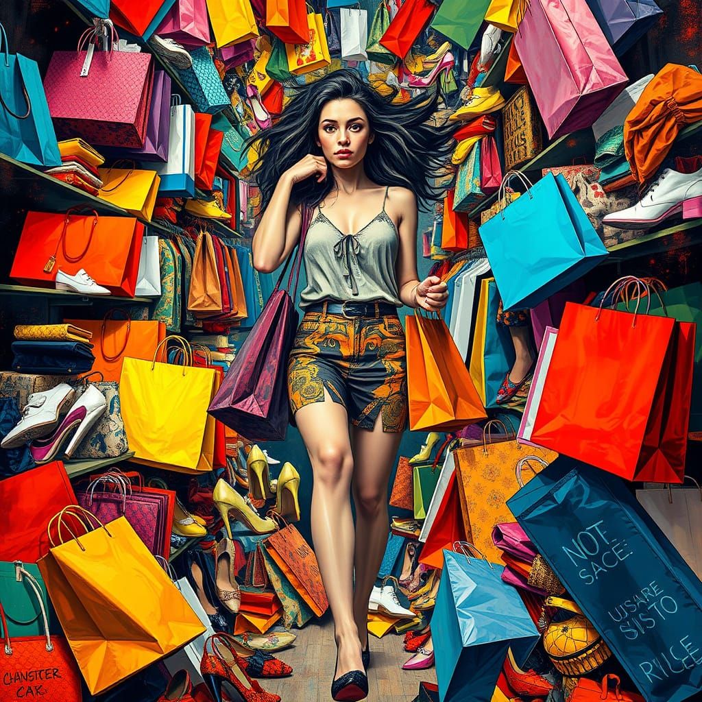 Frenetic Shopping Scene in Bold, Whimsical Style