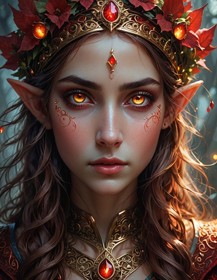 Crimson-Eyed Elf Goddess Portrait in Hyperrealistic Style