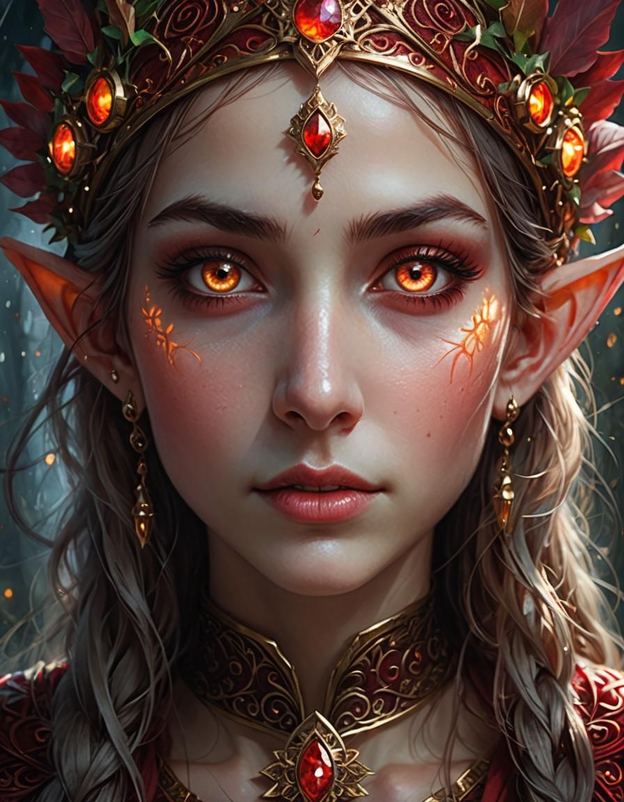 Crimson-Eyed Elf Goddess Portrait in Hyperrealistic Style