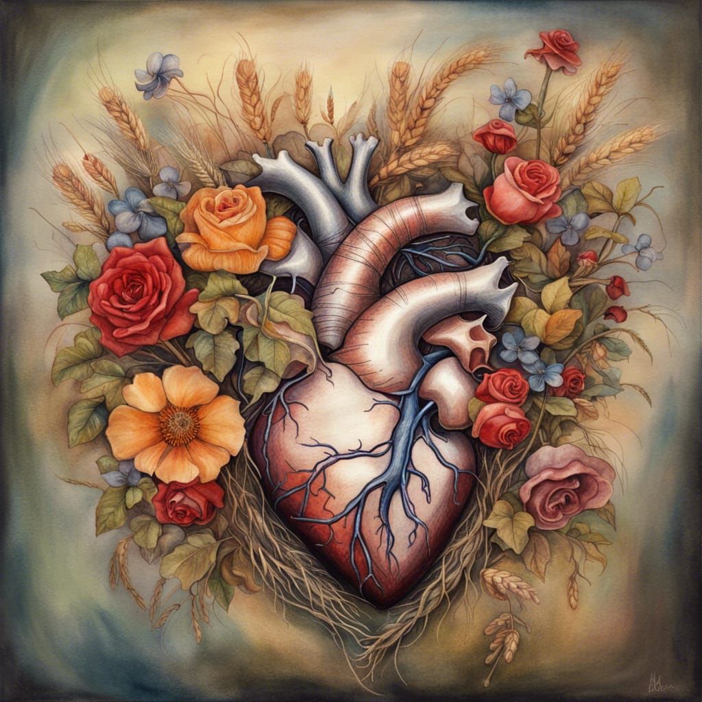 Surreal Heartscape Painting with Flowers and Plants