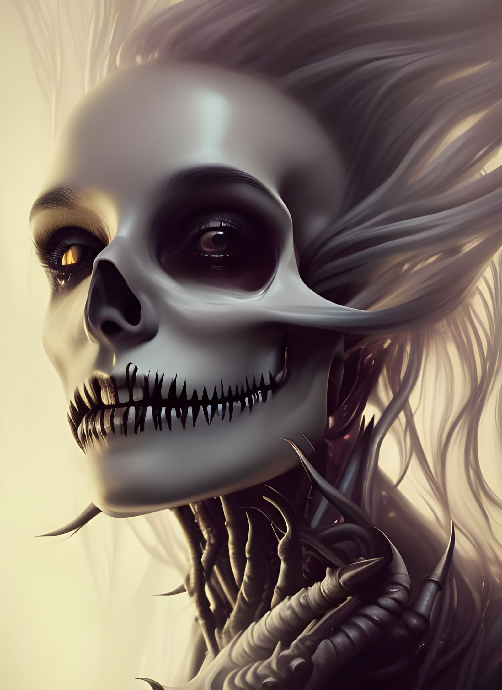 Skull-Headed Woman Portrait in a Giger-esque Style