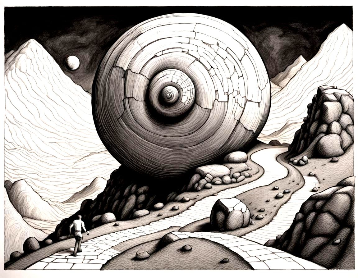 Sisyphus's Labor: A Black and White Line Drawing