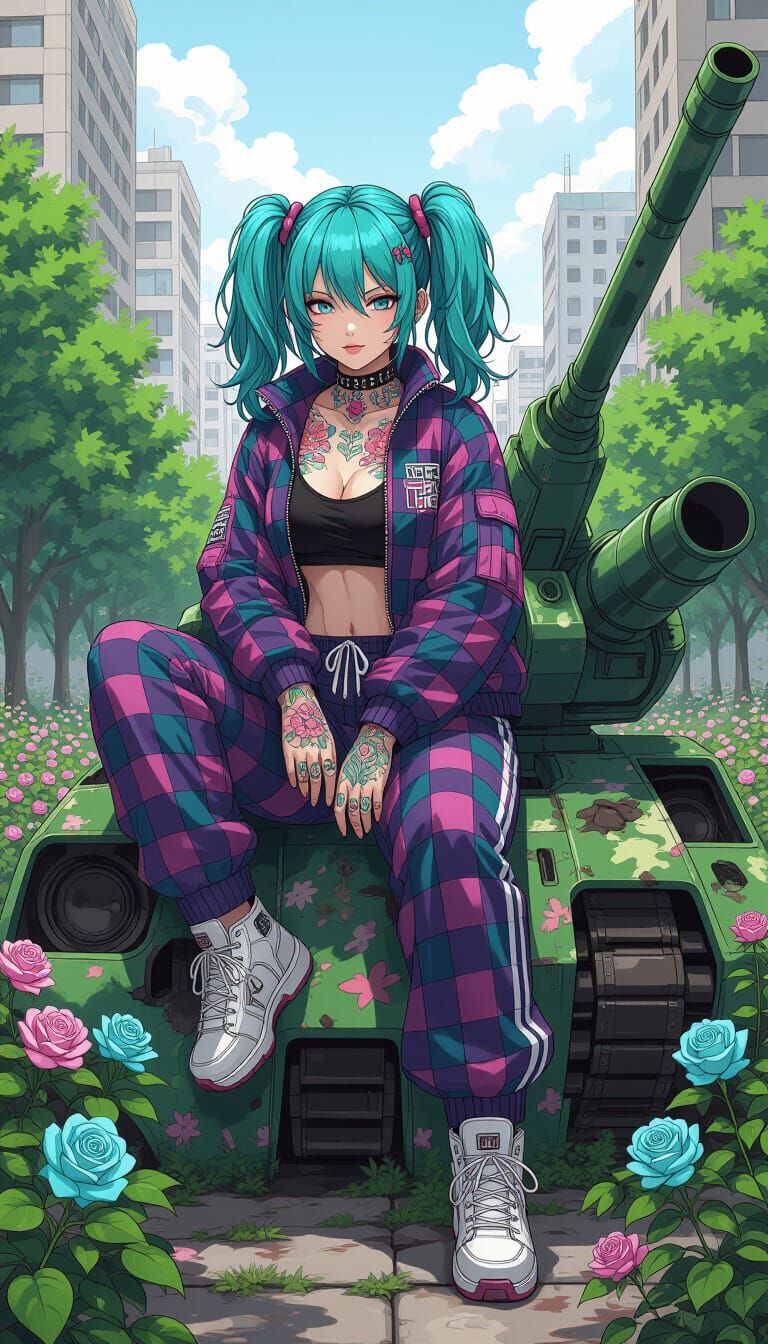 Cyberpunk Girl on Ruined Mecha, Manga Style