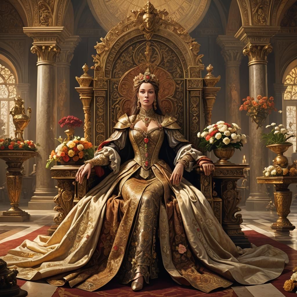 Renaissance Countess on Throne with Golden Vase