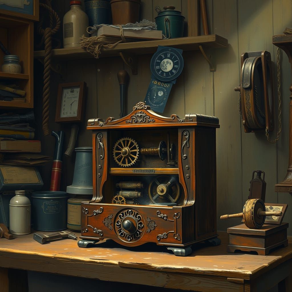 A weathered, handcrafted music box sits on a cluttered workb...