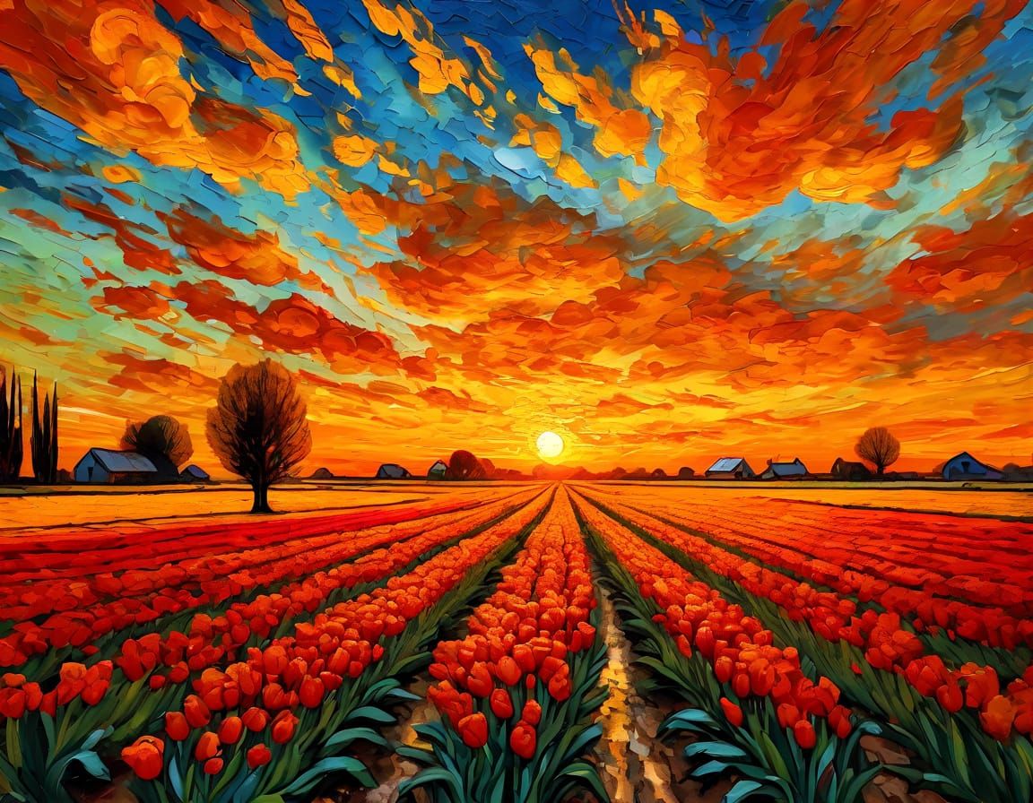 Impressionist Masterpiece: Vibrant Tulip Field in Thick Oil ...