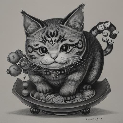 Still Life: Maneki Neko with Fruit and Flies