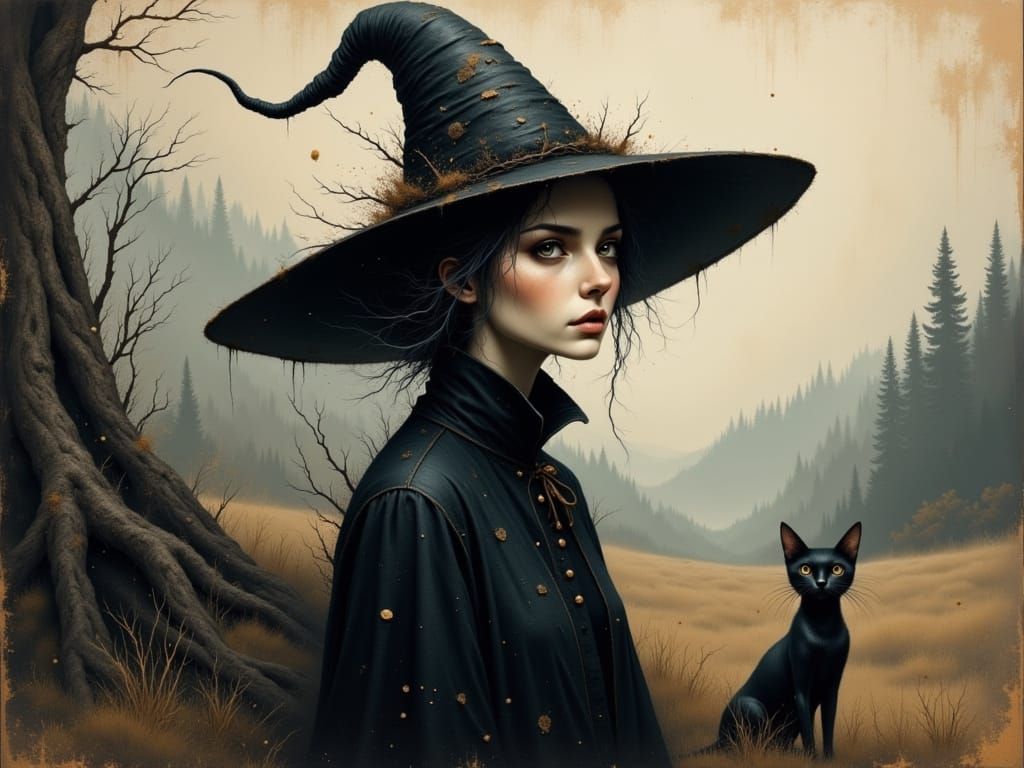 Imposing Witch Portrait in Deep Emotional Charcoal Style