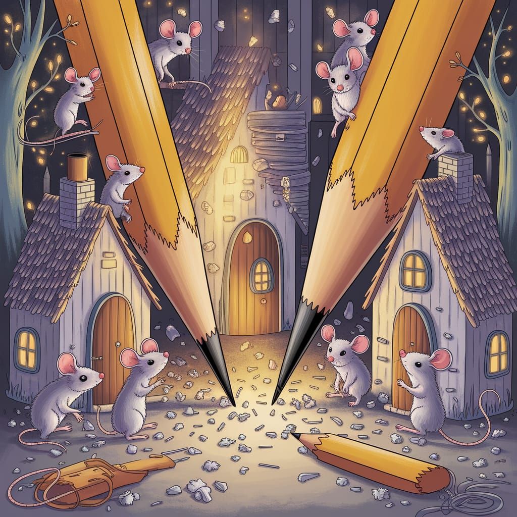 Mice Build Village From Pencil Shavings in Storybook Style
