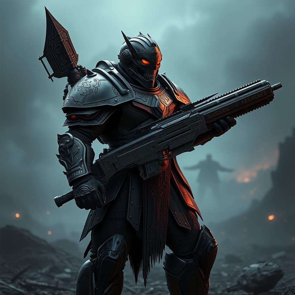 Dark Armored Warrior with Glowing Runes in Dystopian Twiligh...