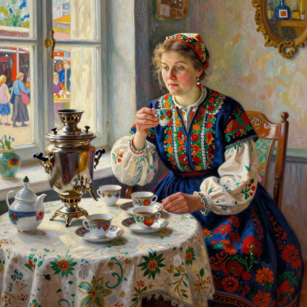 Merchant's Wife Enjoys Tea in Russian Interior
