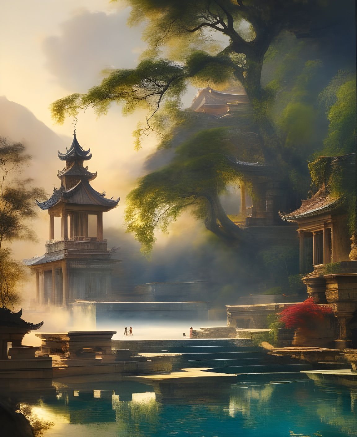 Temple Pool: Maximalist Oil Painting with Golden Light