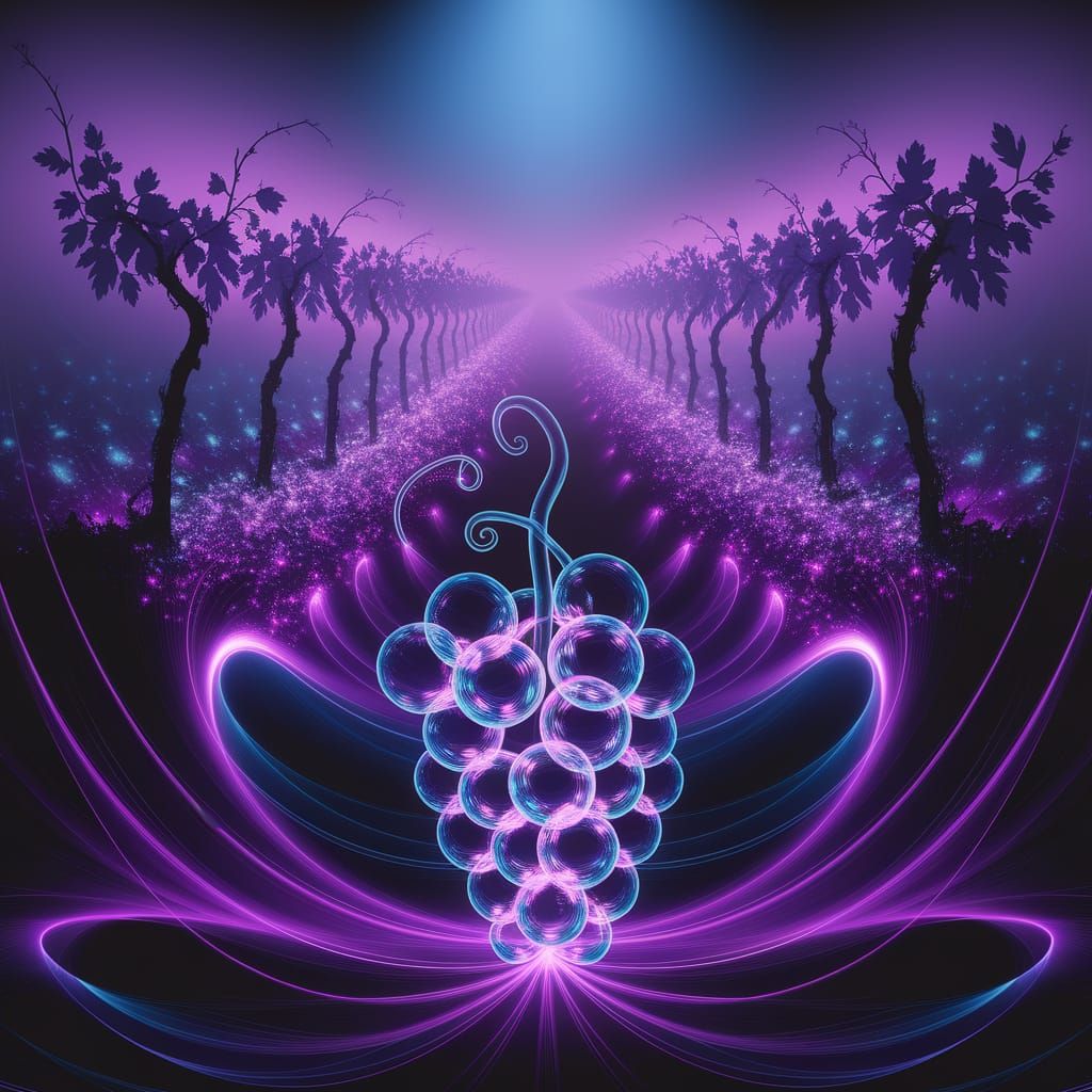 Glass Grapes Glowing in Encaustic Bioluminescent Light