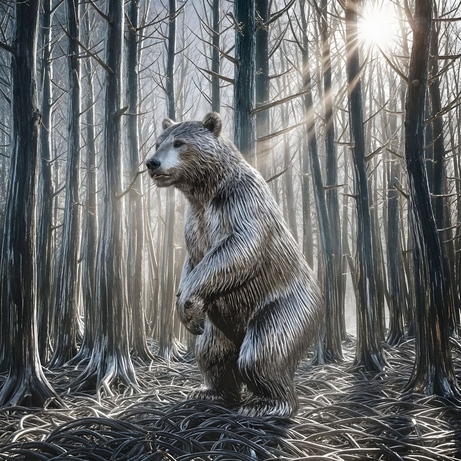 Dense Chrome Forest Encounter with a Chrome Grizzly Bear