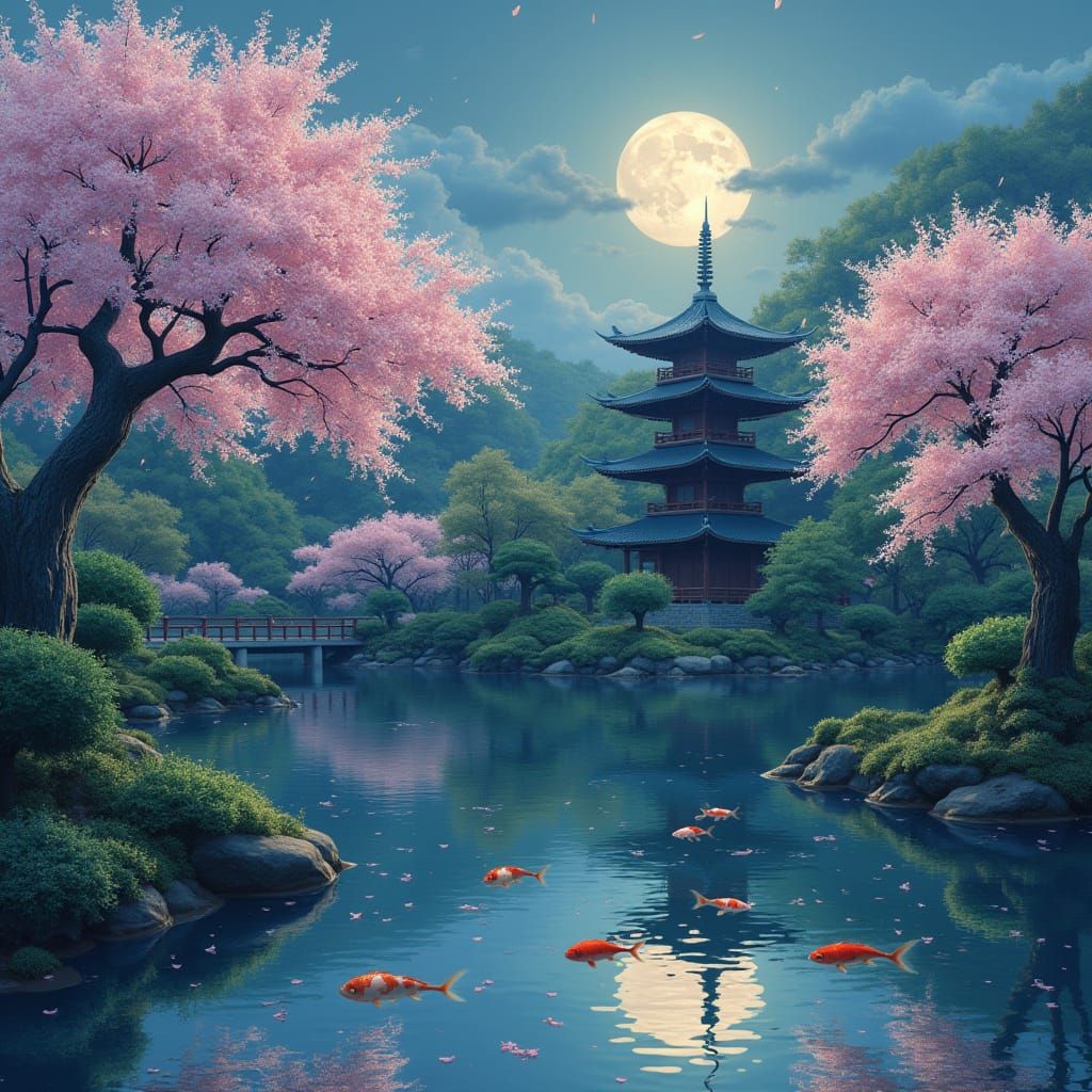 Serene Japanese Garden Under Soft Moonlight
