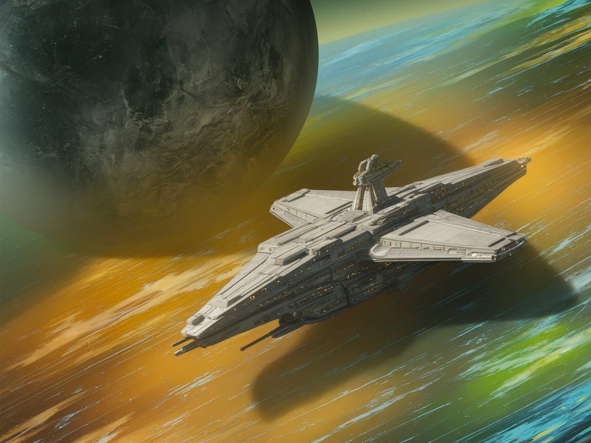 A massive, kilometer-long colony starship, its hull a maze of metallic modules and solar panels, hovers in the blackness...