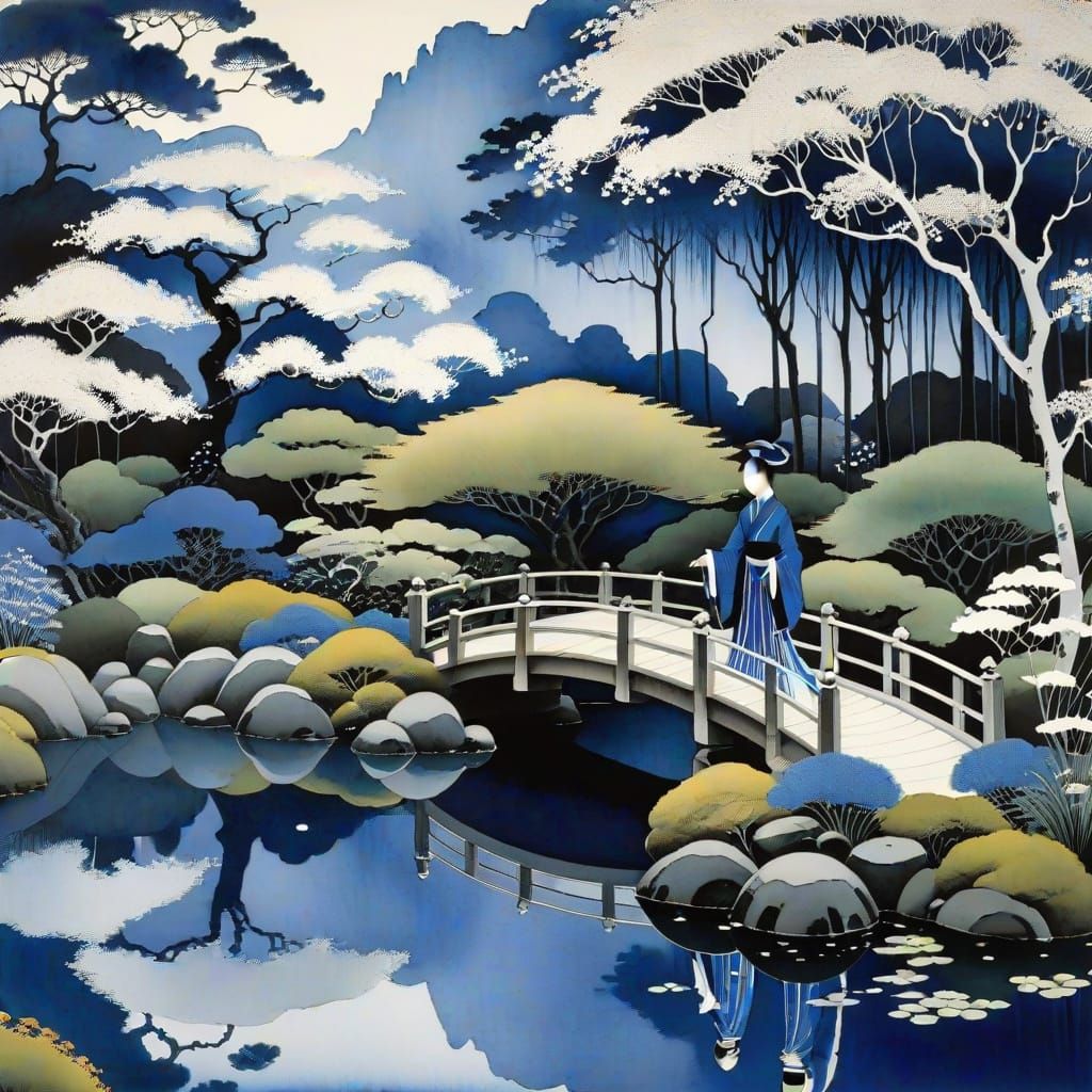 Japanese garden, Kay Nielsen and Aubrey Beardsley, silver and deep blue dominant