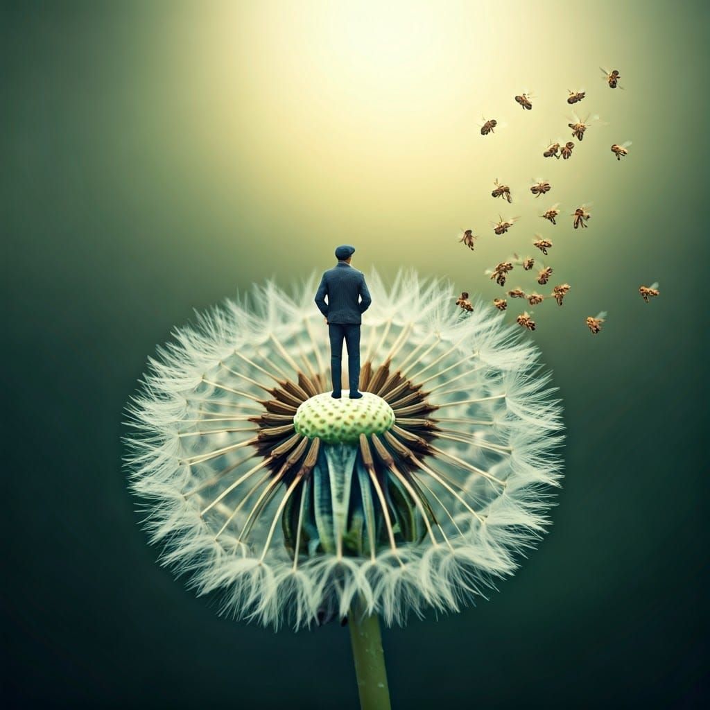 Miniature Man Observes Bees in Dreamlike Macro Photograph