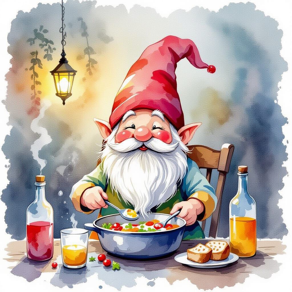 Gnome Prepares Dinner in Alcohol Ink Style
