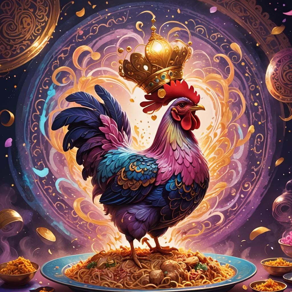 Fantasy Chicken Levitation Above Biryani in Digital Art