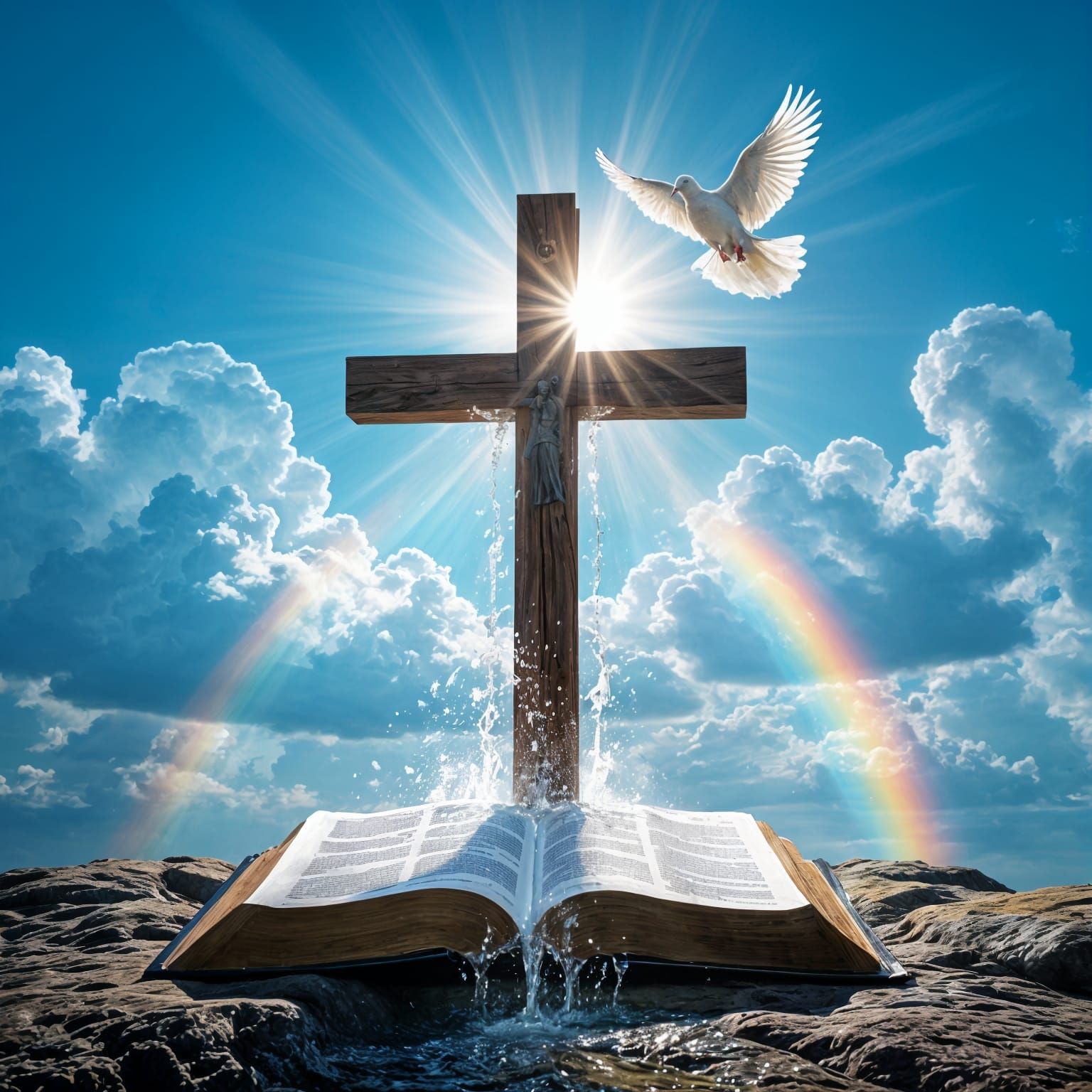 Christian Faith Symbolized by Cross, Dove, and Living Waters