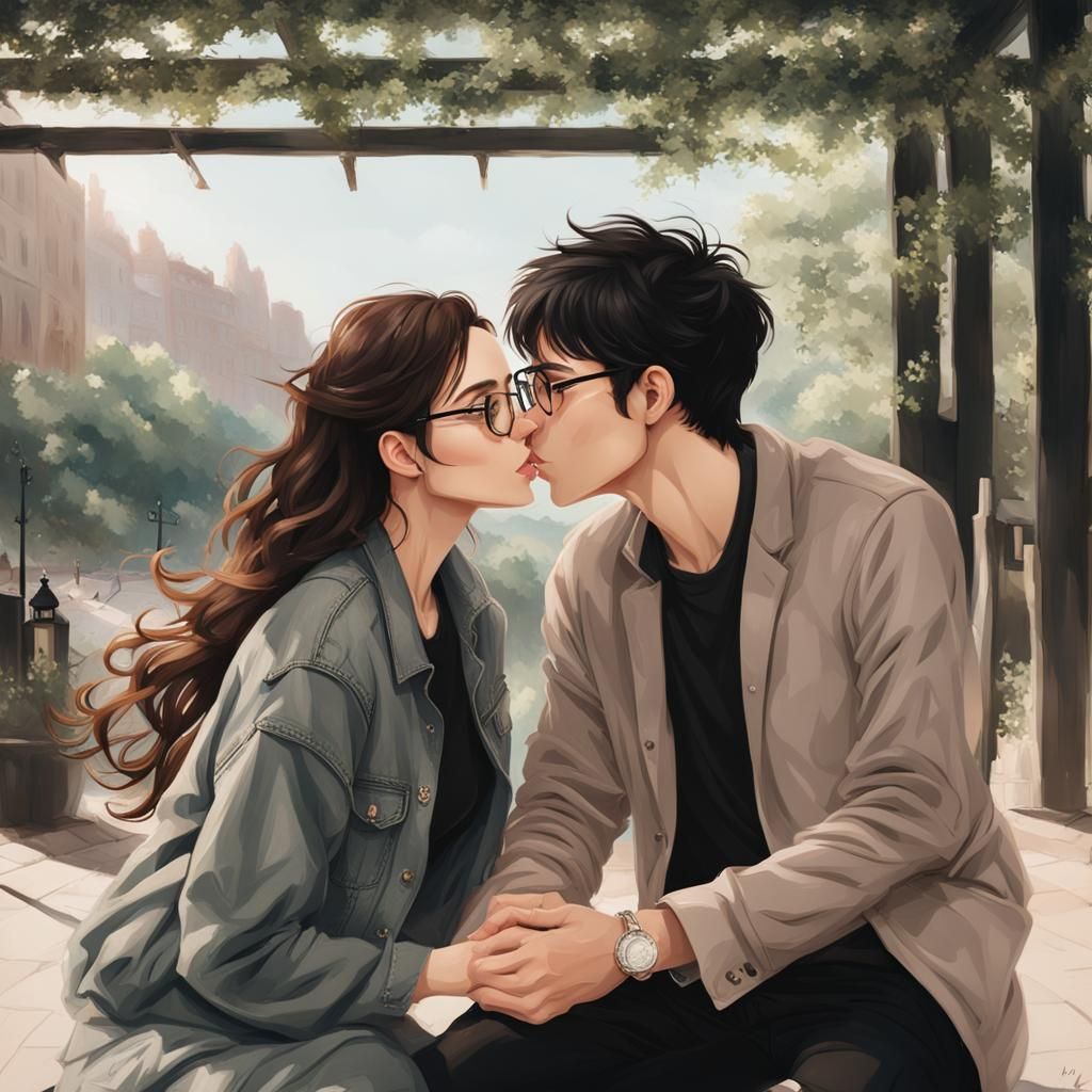 A beautiful brown hair girl kissing a handsome black hair boy both wear glasses