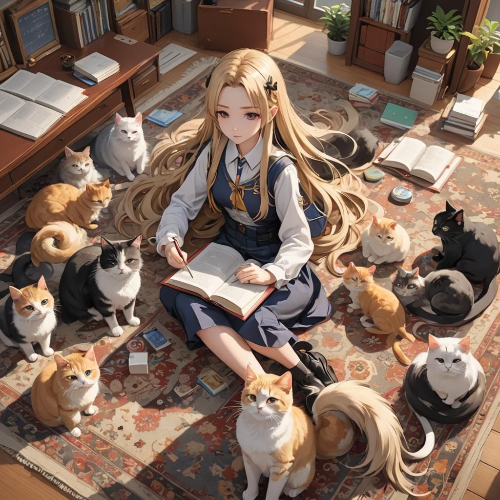 Anime Girl Doing Homework with Cats in 3D Anime Art