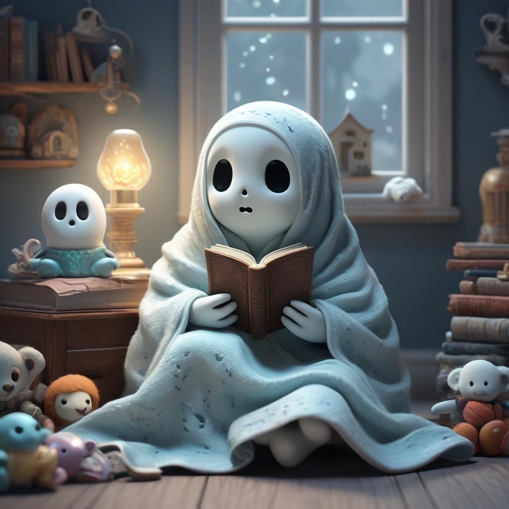 Cozy Kid Ghost Reading in Bedroom