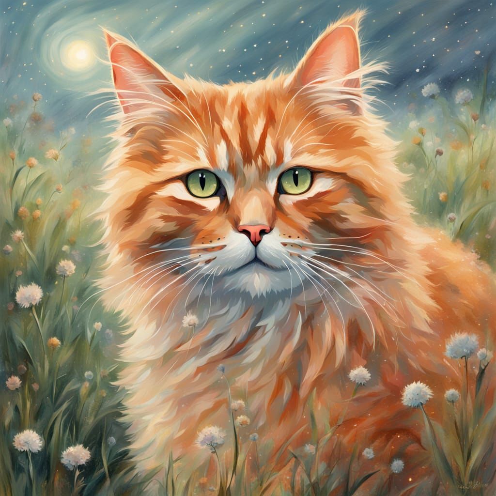 Fluffy Ginger Cat in Starry Meadow as Soft Oil Painting