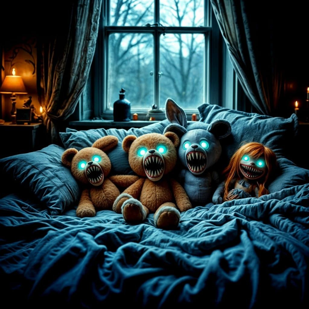 Eerie Plush Toys on Cozy Bed Under Moonlight