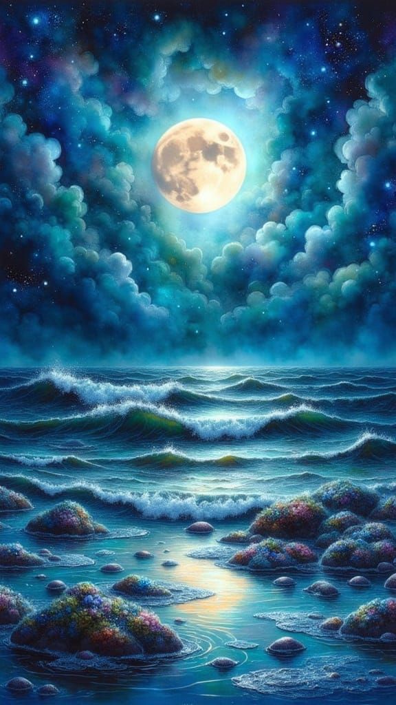 Seascape with reflections, night-time, moon light, Hyperdeta...