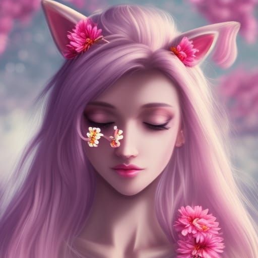 Fantasy Cat Girl Portrait in Pastel Colors