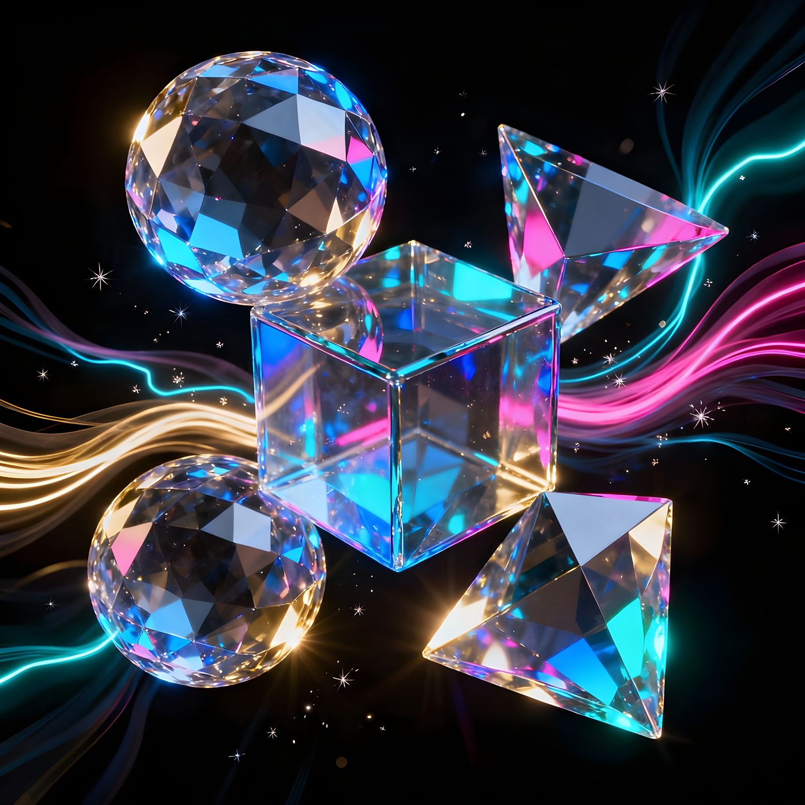 Dazzling 3D Crystal Geometry with Vibrant Light Flow
