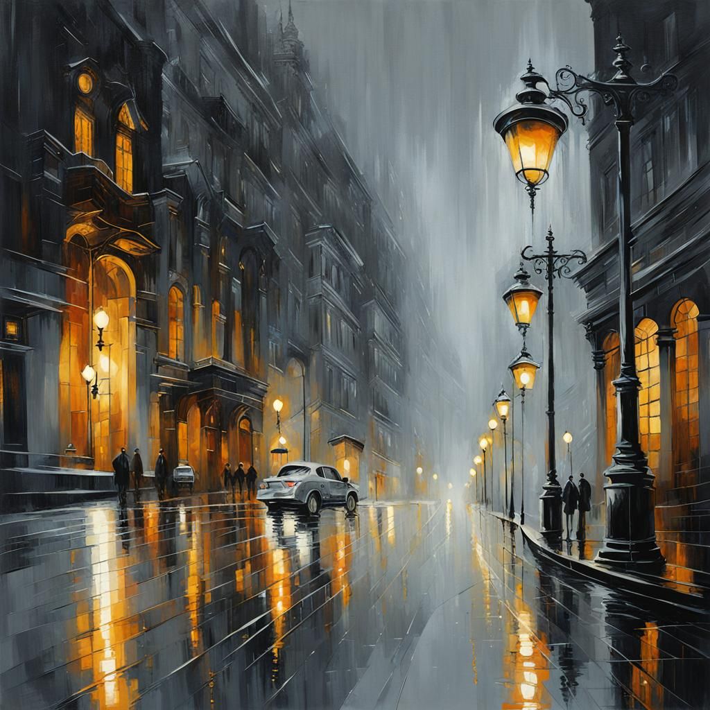 Rainy Cityscape Illustration in Surrealist Style