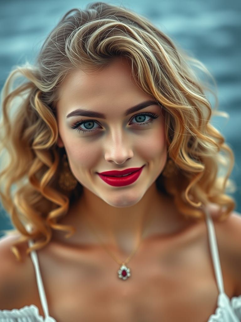 Photorealistic Portrait of a Blonde Woman with Ocean Backdro...