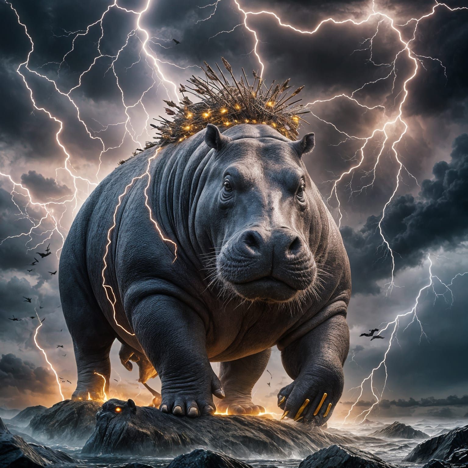 Lightning Hippo Rearing Up in Thunderstorm, Scandinavian Fan...