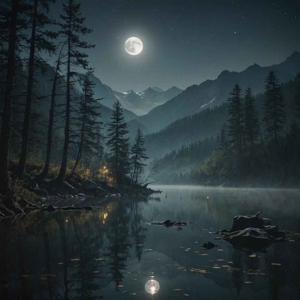 Moonlit Mountain Lake with Ethereal Trees