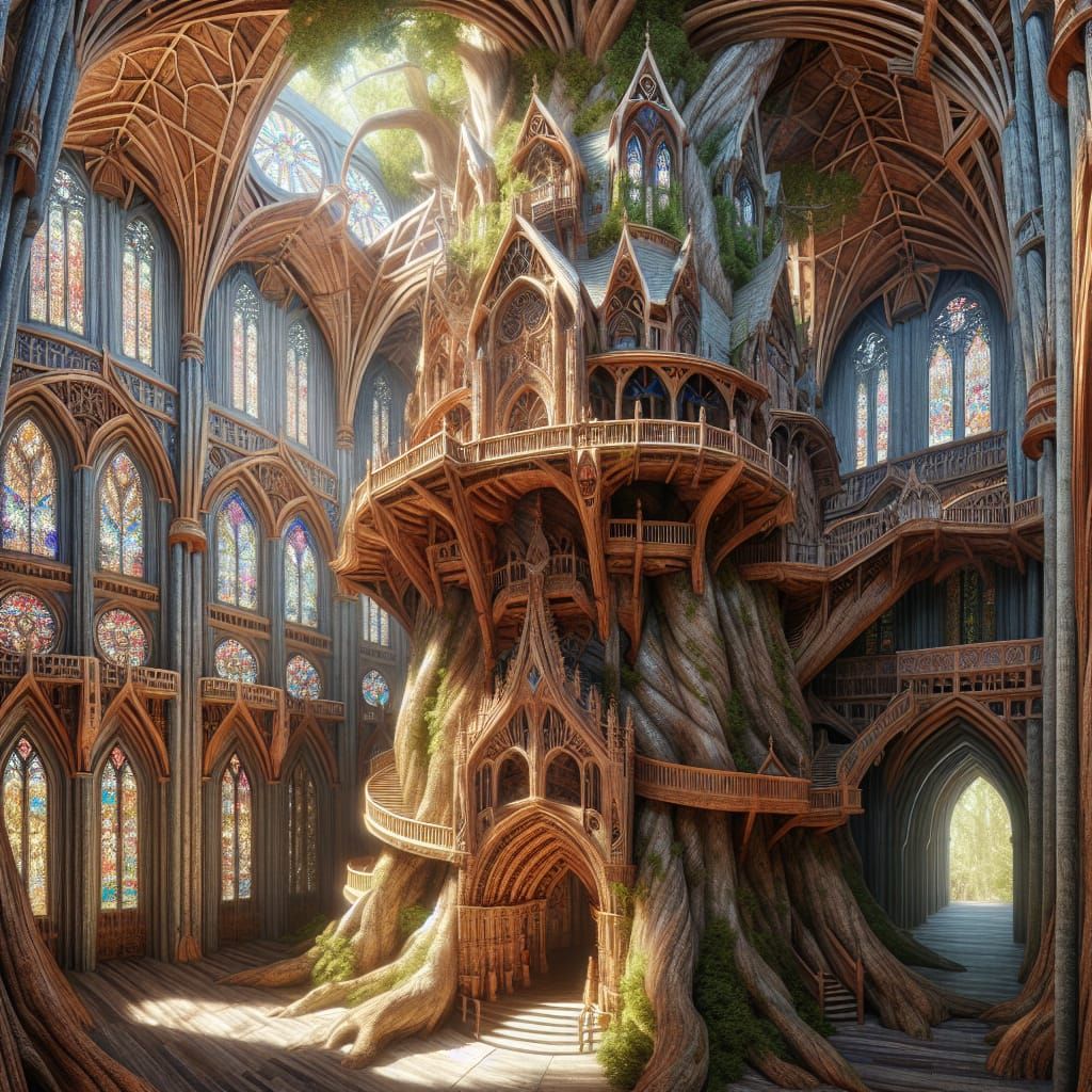 Majestic Treehouse Cathedral Interior in Gothic Style