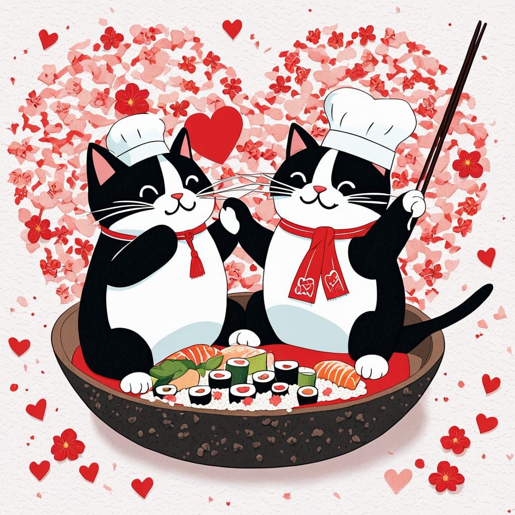 Whimsical Sushi Roll Cat Couple in Playful Illustration Styl...