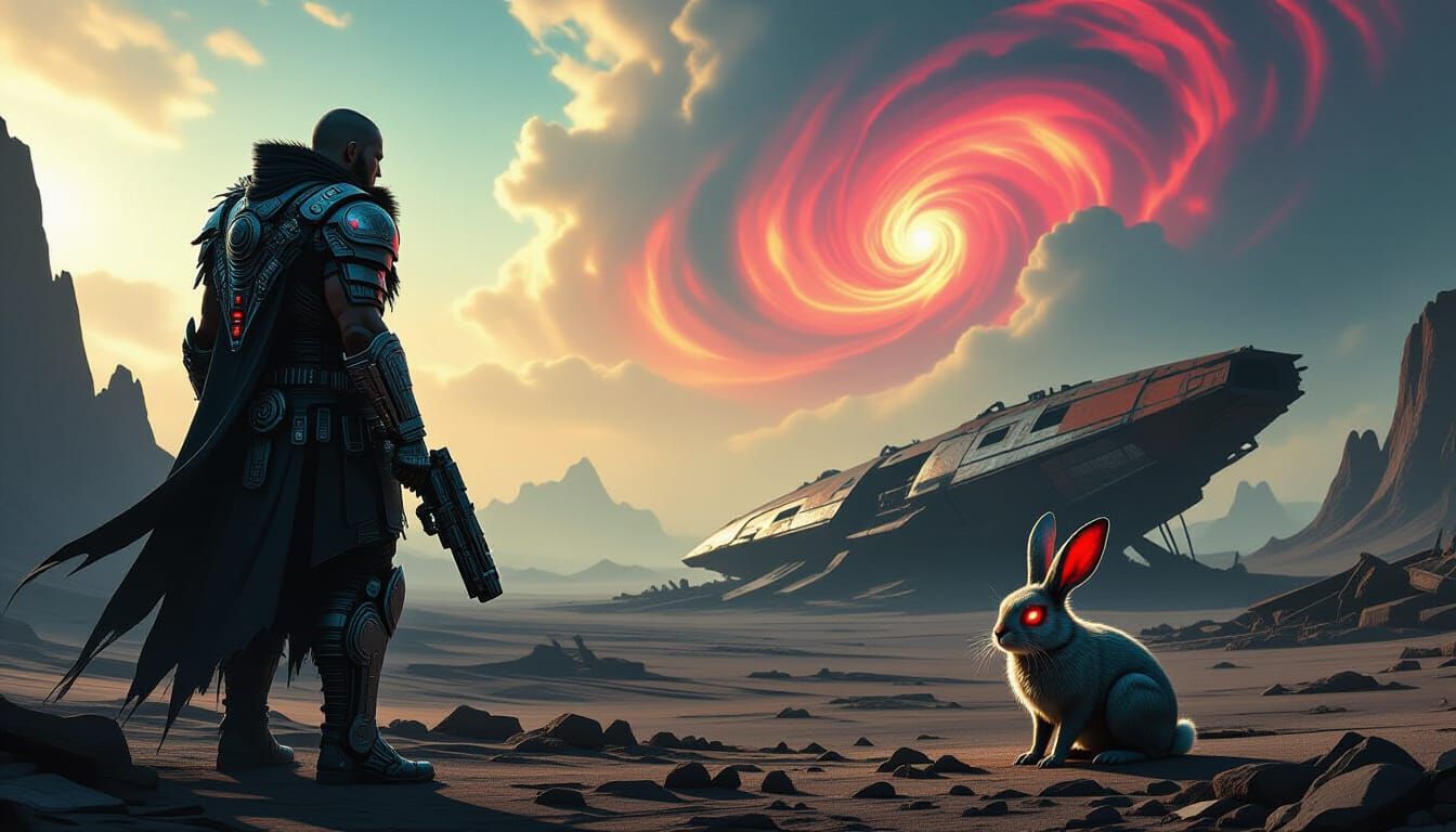 Cybernetic Warrior in Alien Landscape - Dark Fantasy Art