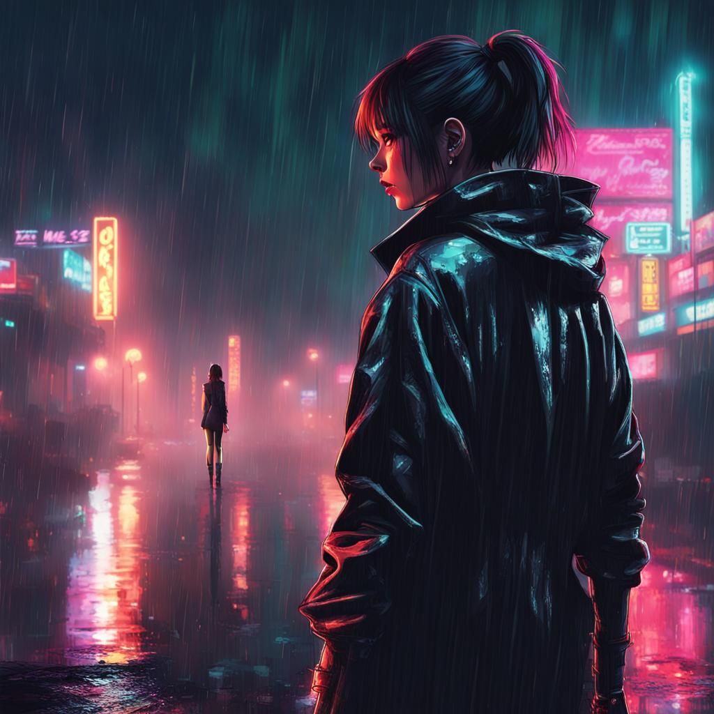 Girl in Rainy Cyberpunk Cityscape at Night