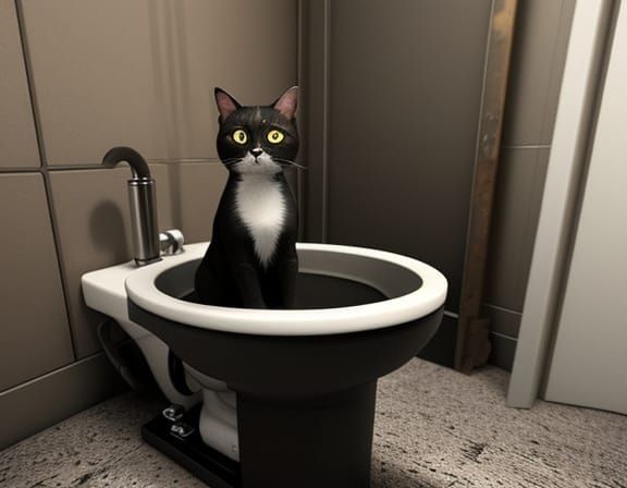 Creepy Cat in Fedora on Toilet: Surreal 3D Render