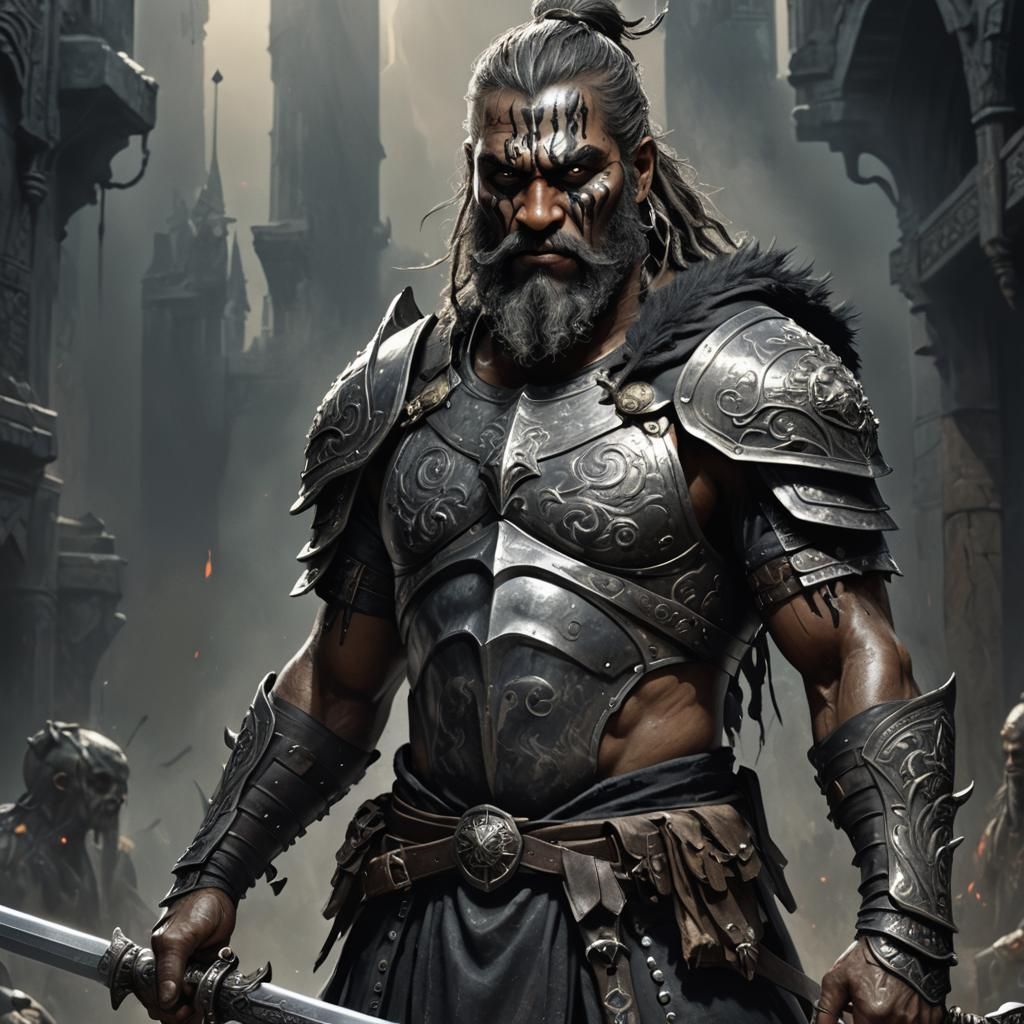 Grey-Skinned Warrior with Black Sword in Dark Fantasy Style