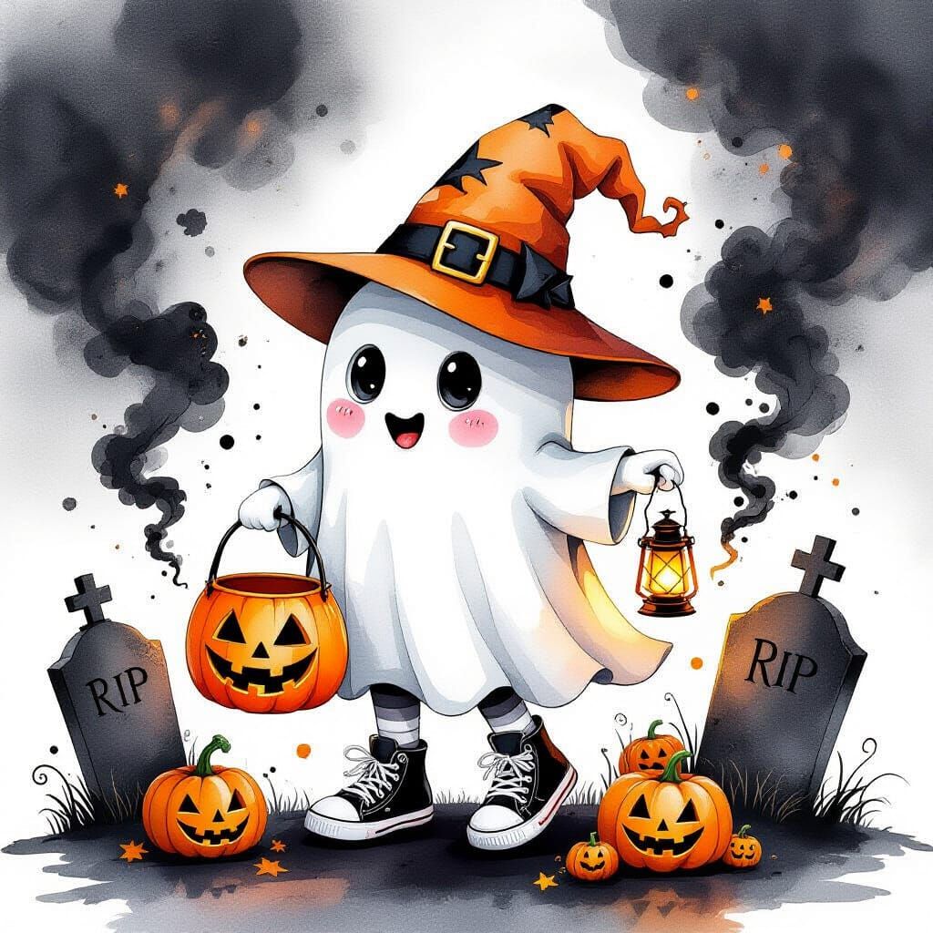 Cute Halloween Ghost in Watercolor and Ink Splash Art