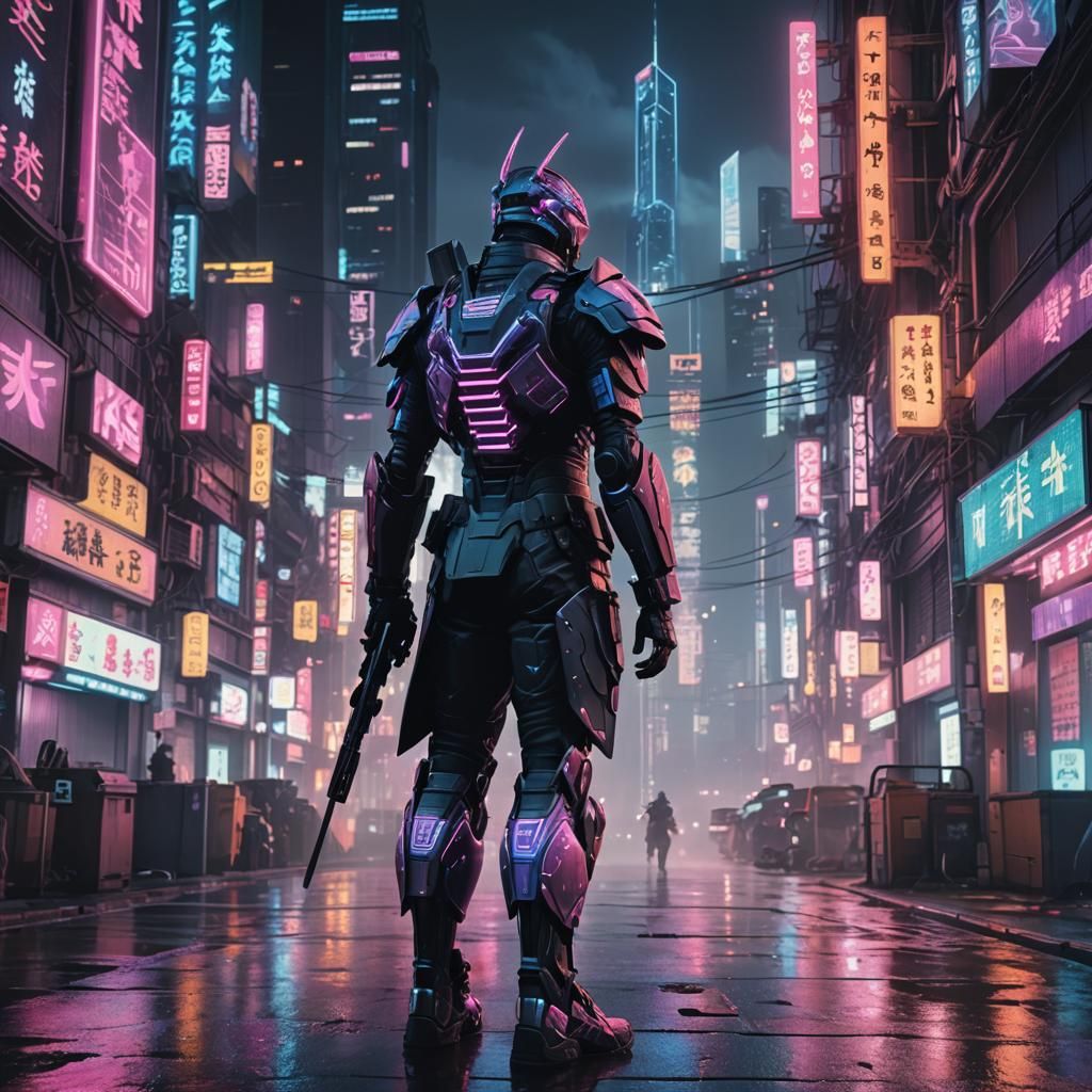 Cyberpunk Anime Warrior in Neon Cityscape