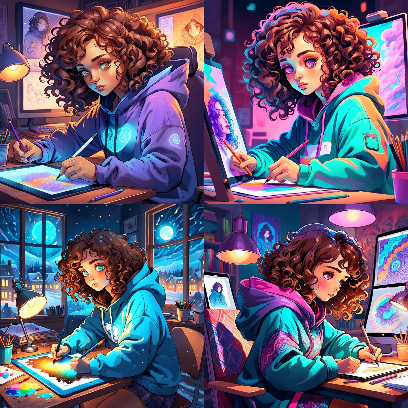 Girl with Hoodie Drawing on Tablet as Digital Art