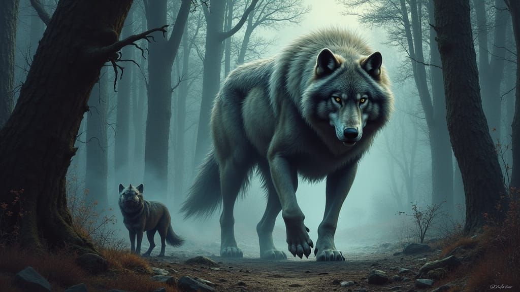 Grey Wolf Striding Through Dark Forest