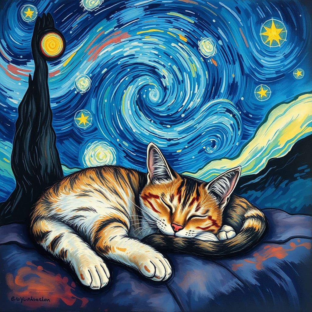 Cat's Starry Night Sleep: Gouache Impressionist Art