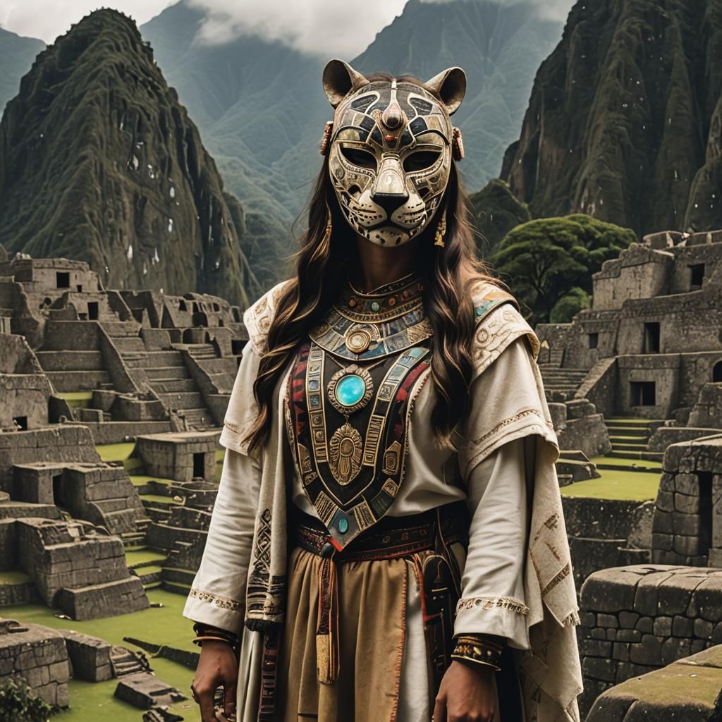 A priestess wearing a Pre-Columbian jaguar mask and standing...